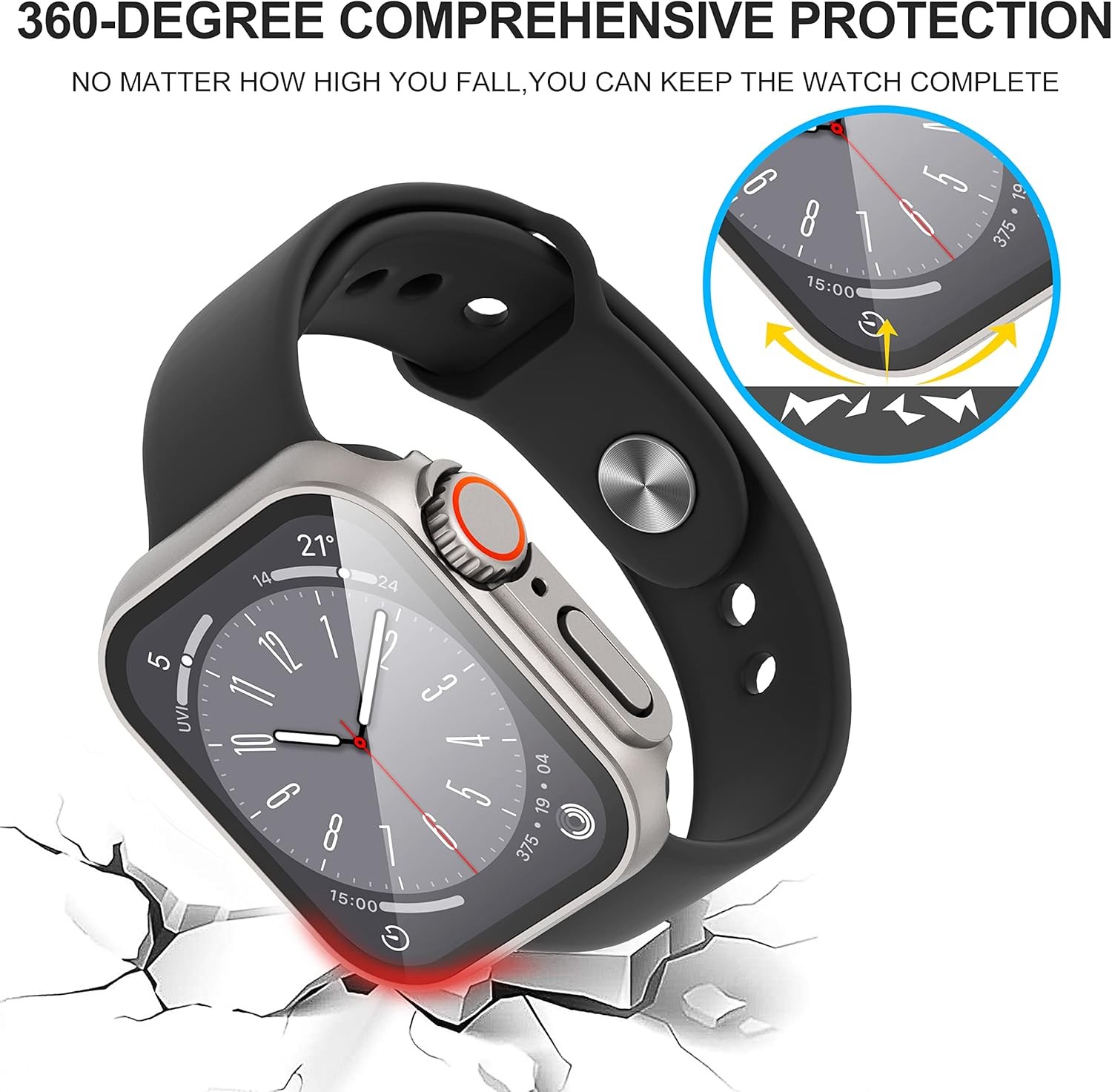 Tempered Glass Screen Protector Case for Apple Watch Series 7/8/9 45mm Durable