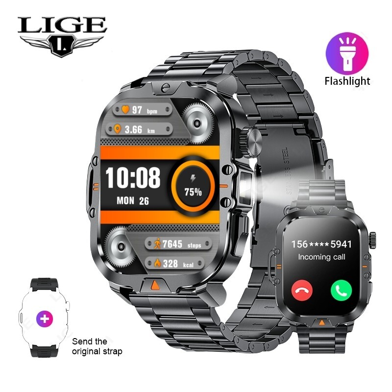 Smart Watch Men 2.01″HD Screen Fitness Tracker LED Flashlight for iPhone Android