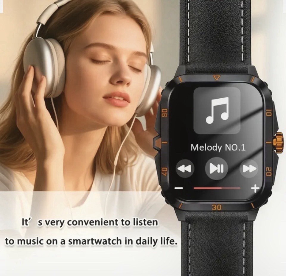 Touchscreen Bluetooth Call Smart Watch 42mm Metal Case, Black/Brown Leather Band