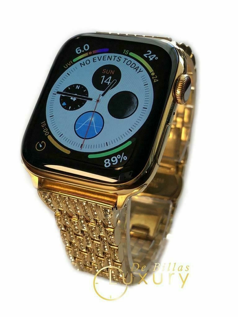 24K Gold Plated 44MM Apple Watch SERIES 6 Diamond Rhinestones Band GPS LTE O2