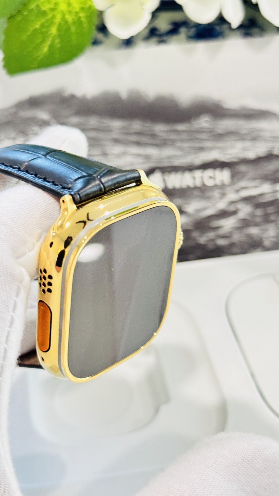 24k Gold Plated Apple Watch ULTRA 2 49mm Black Leather Band Polished CUSTOM
