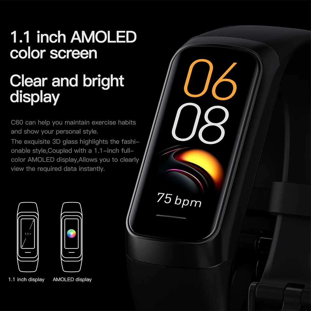 CRTORRS C60 AMOLED Smartwatch Body Temp Heart Rate 3ATM Waterproof Fitness Band