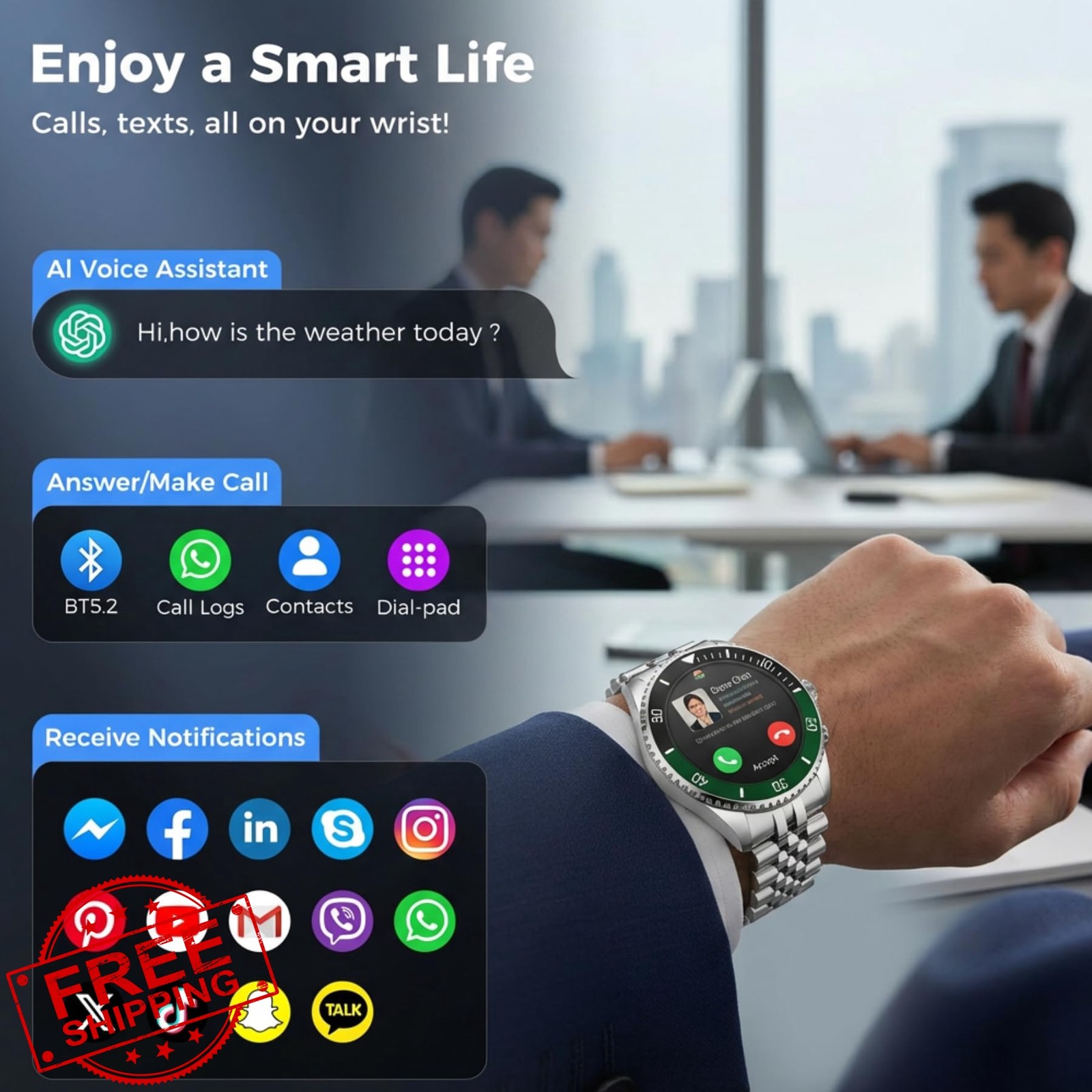OIKKEI Men’s Smart Watch AMOLED Bluetooth Calls Silver