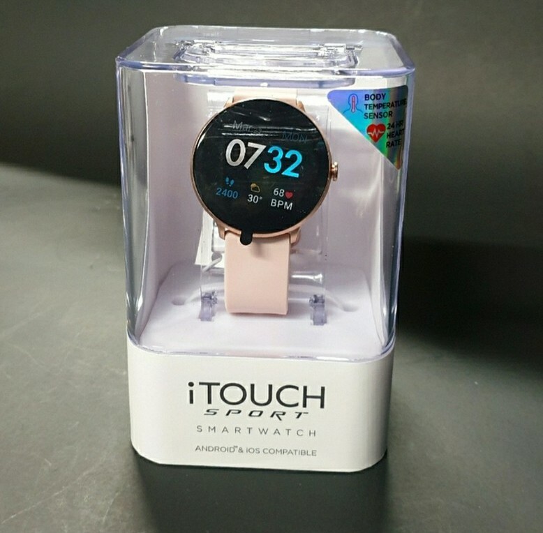 New – iTouch Sport Smartwatch Fitness Tracker: Rose Gold Case with Blush Strap