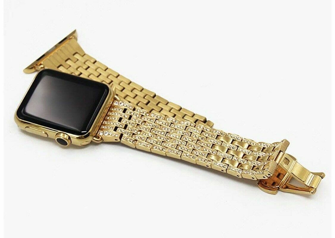 24K Gold 42MM Apple Watch 24K Gold Links Band with Diamond Rhinestone Gen 1