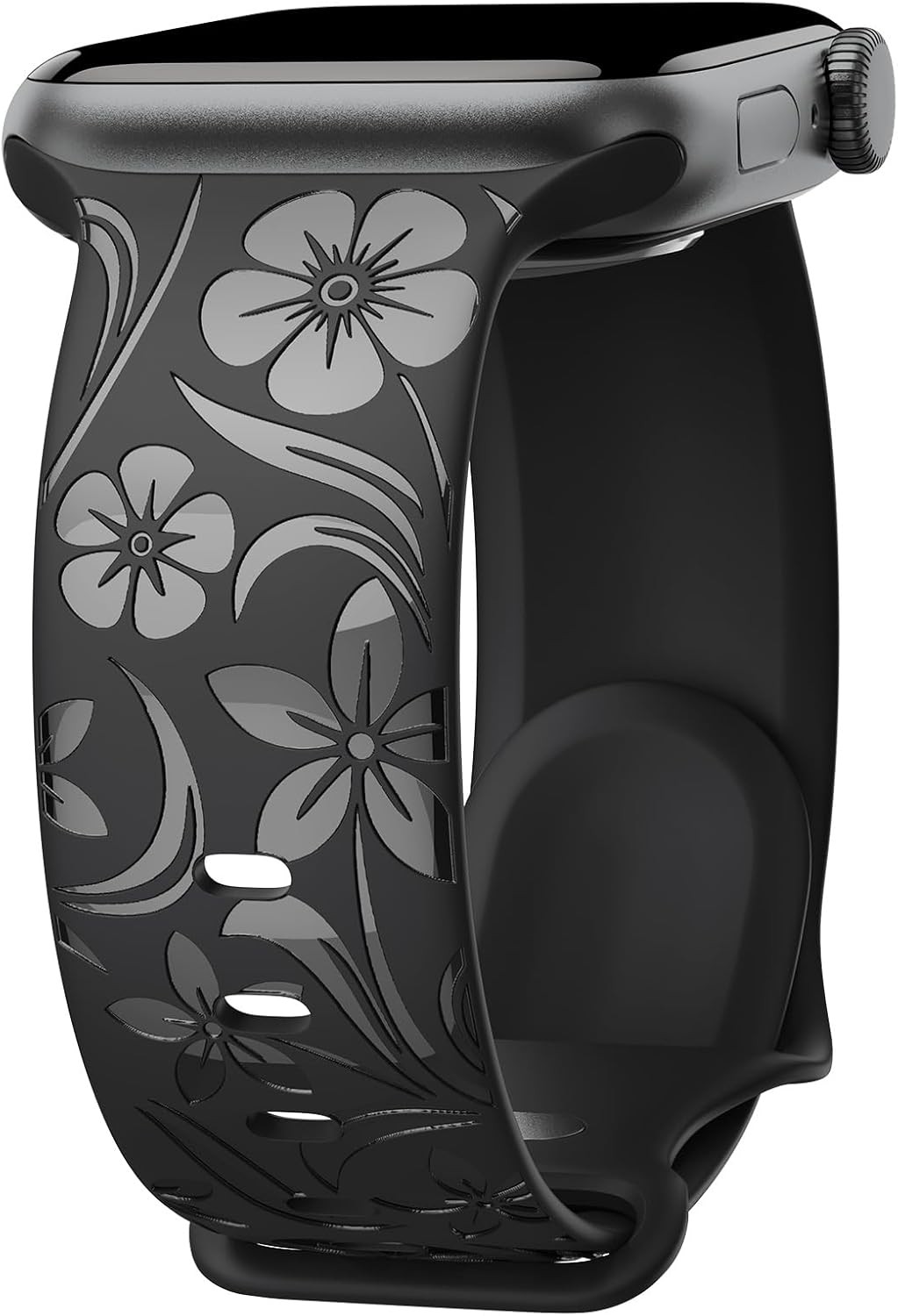Black Floral Engraved Silicone Band for Apple Watch 38mm 40mm 41mm Series 8 9 10