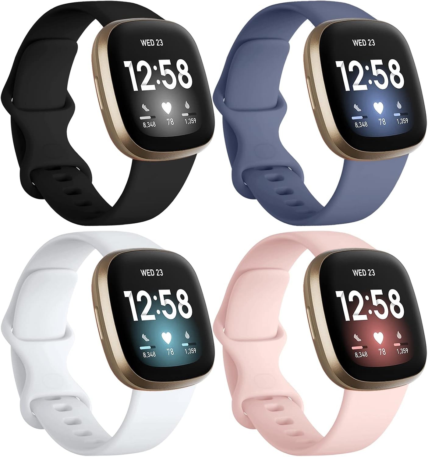 4 Pack Soft TPU Sport Bands for Fitbit Sense & Versa 3, Black/Bluegrey/White/San
