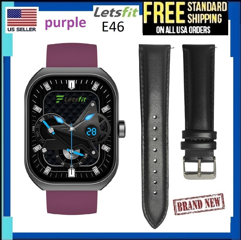 Letsfit E46 Smart Watch BLACKBezel W/PURPLE&Black Bands Fitnes Tracker Bluetooth