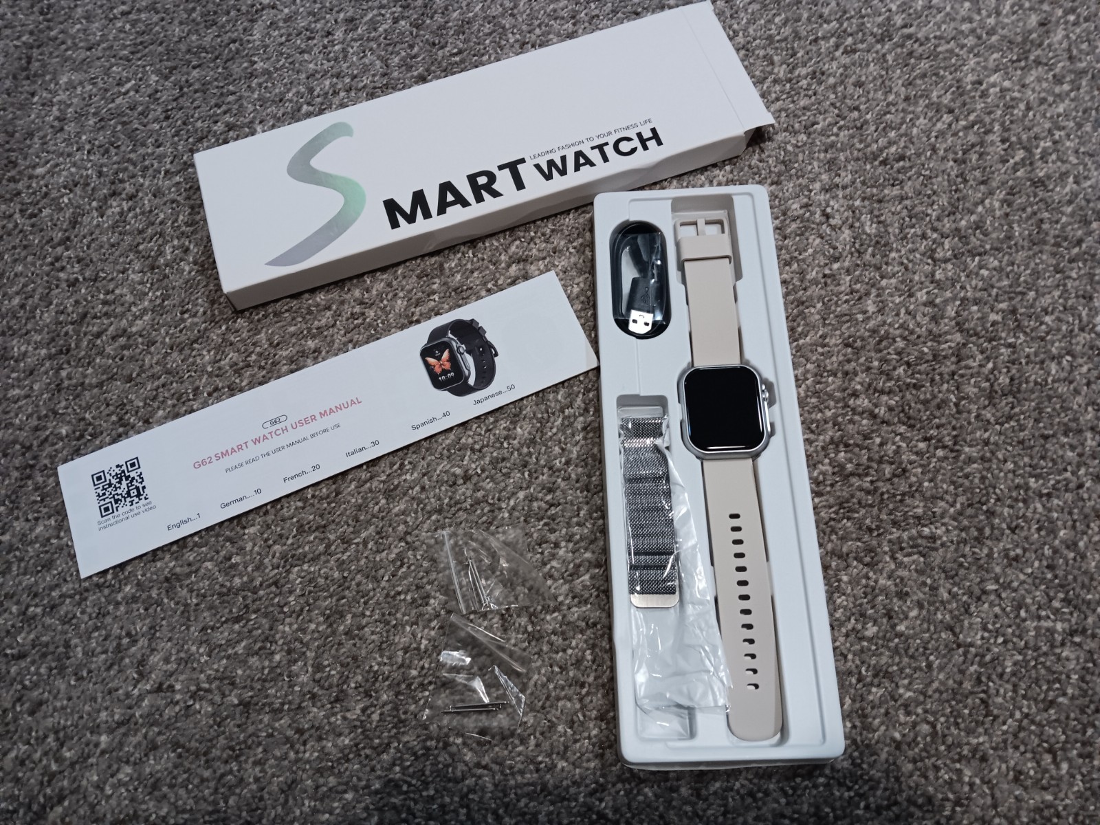 G62 Fitness Tracker Smart Watch With Extra Band – Silver Case – New Open Box