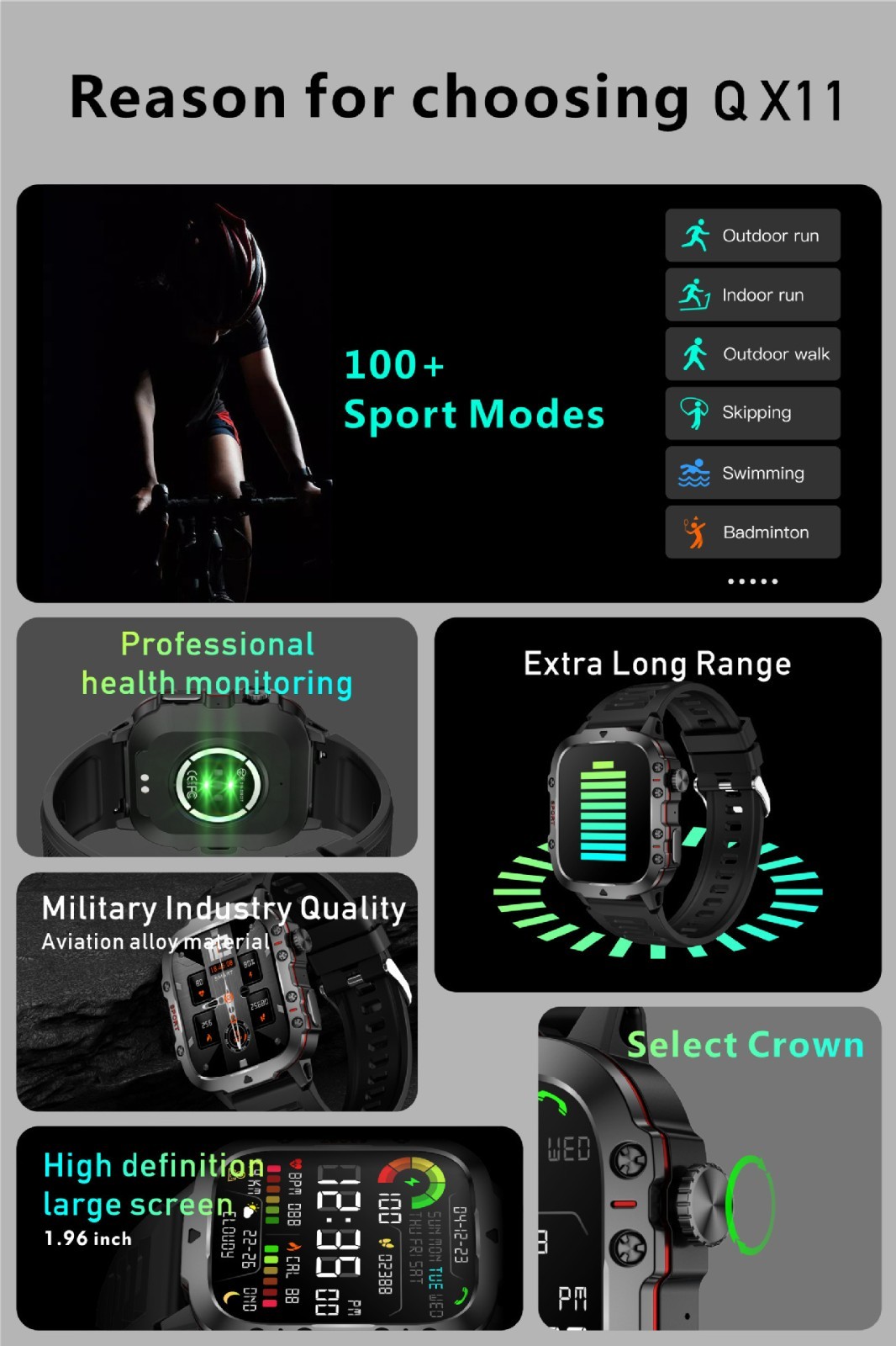 Smart Watch 1.96″ HD Waterproof Fitness Tracker Heart Rate Monitor Long Battery