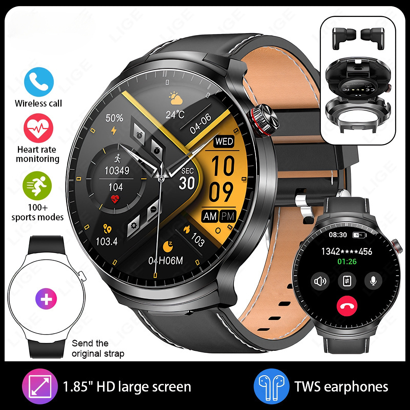 2 in 1 Smart Watch with Hidden TWS Earbuds,IP67 Fitness Tracker,Heart Rate Mon