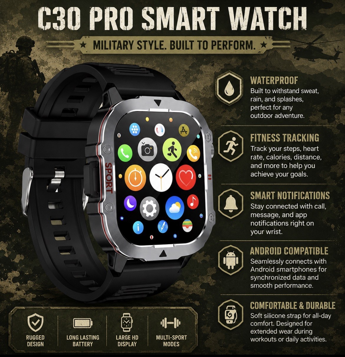 PRO Outdoor Smart Watch Big Screen BT Call Fitness Tracker IP 67 WP 2bands