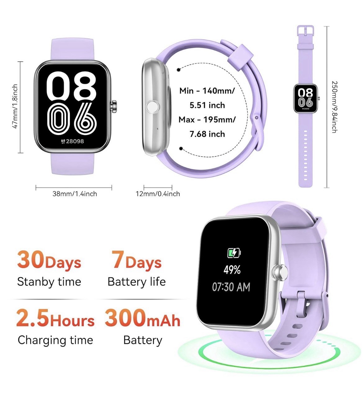 SENBONO Smart Watch Alexa BT Calls 1.83″ HD 120 Sport Modes Health Track PURPLE