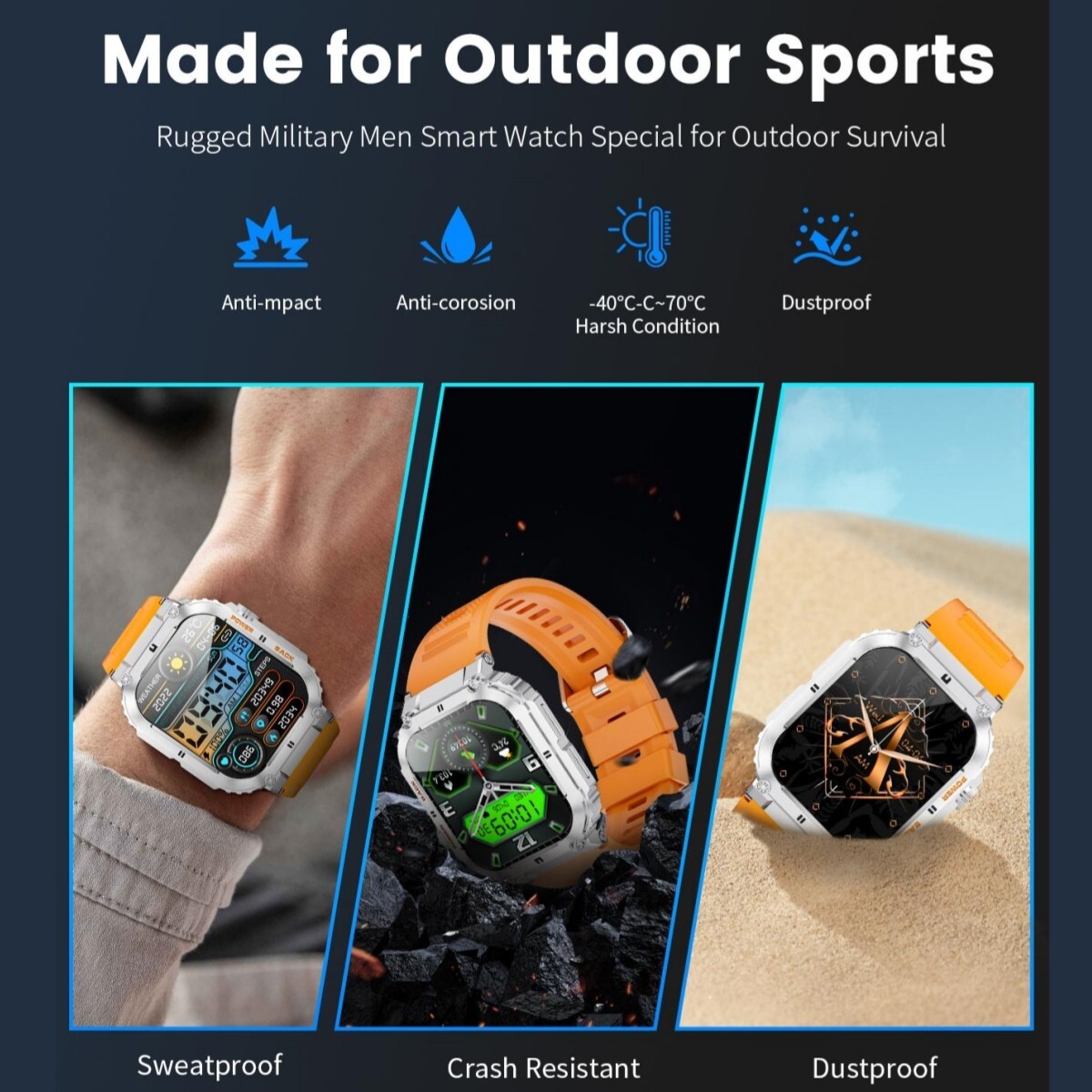 Smart Watch Men Women Rugged Sport Waterproof Heart Rate for iOS Android Samsung