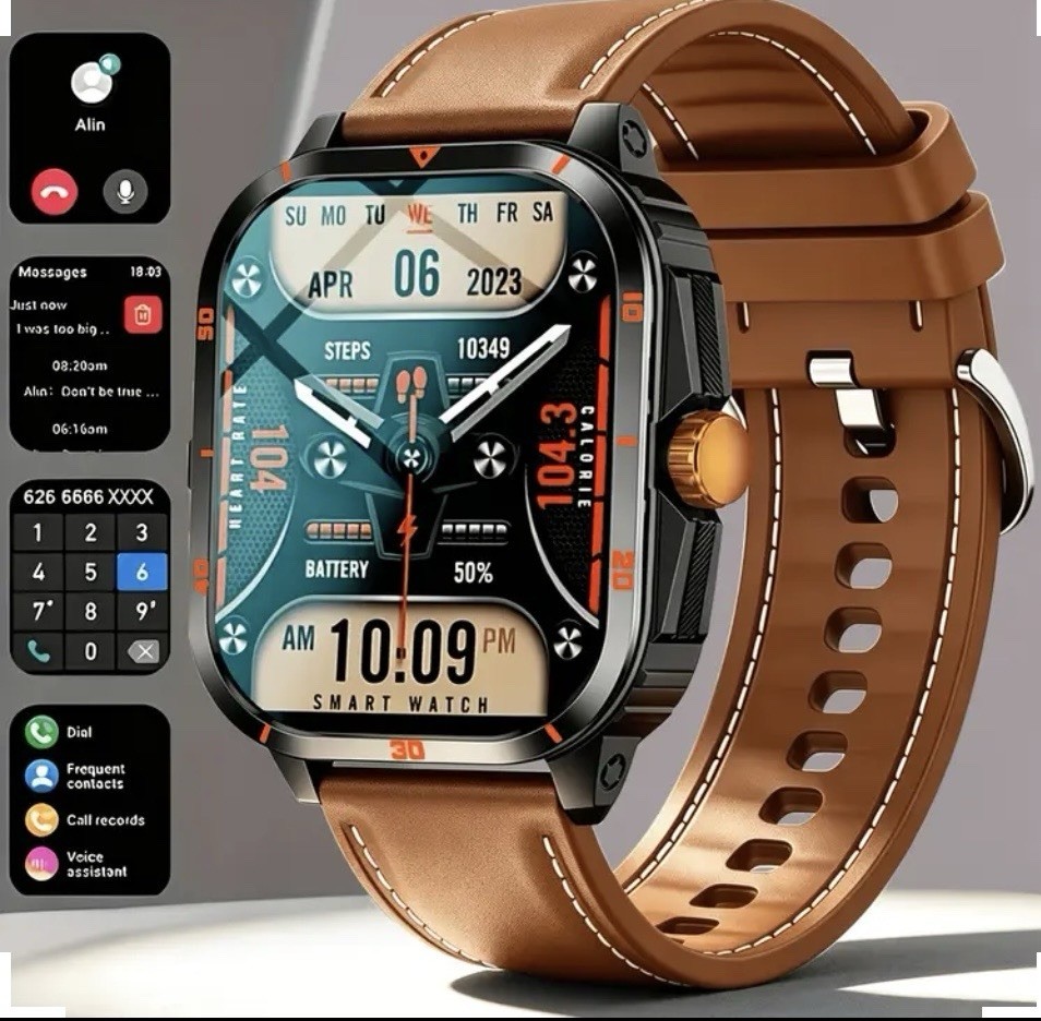 Touchscreen Bluetooth Call Smart Watch 42mm Metal Case, Black/Brown Leather Band