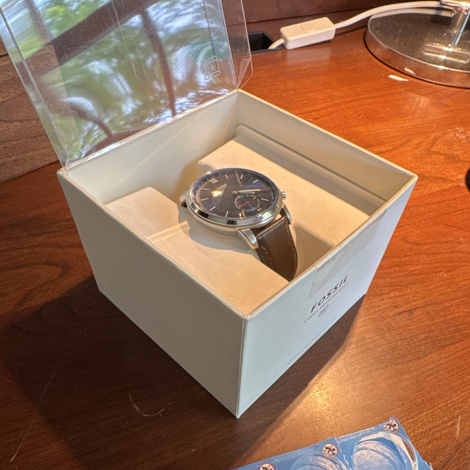 Fossil Hybrid Smartwatch Blue Dial 42mm Silver Case Brown Leather Band