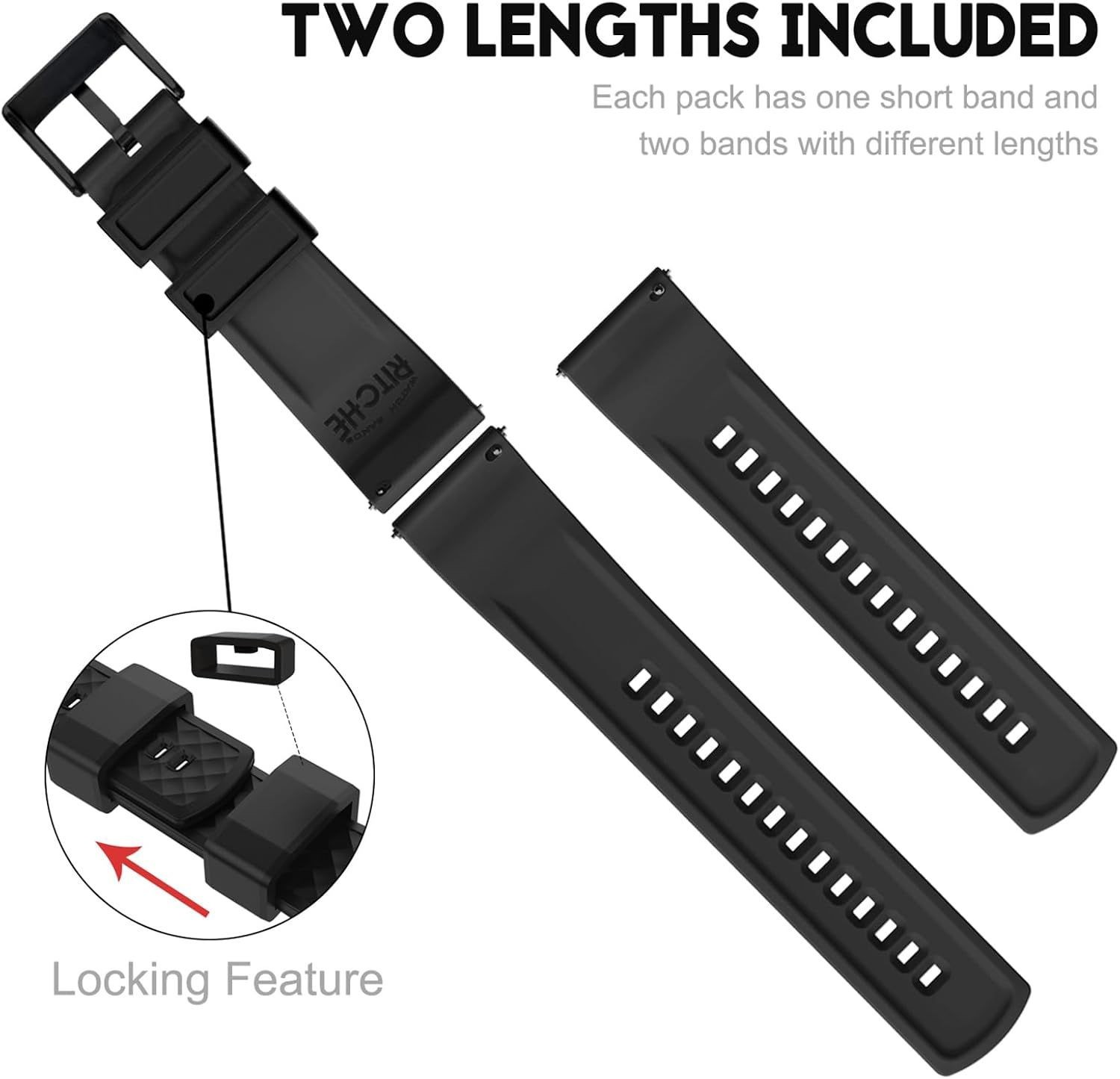 Quick Release Silicone Watch Bands 18mm 20mm 22mm 24mm Compatible Strap Black