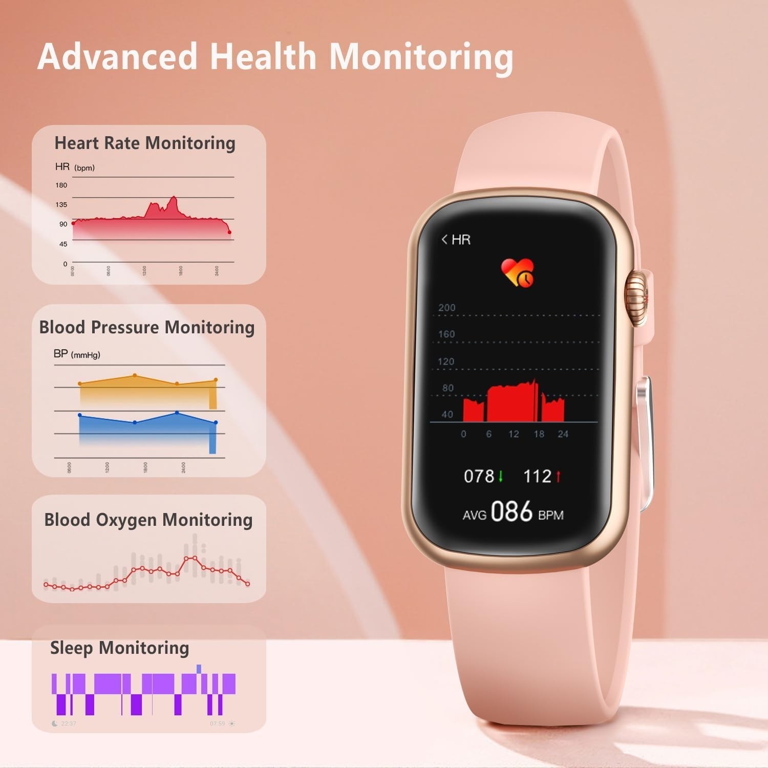 WITHit Smart Watch Pink Fitness Tracker with Blood Oxygen, Blood Pressure, 24/7