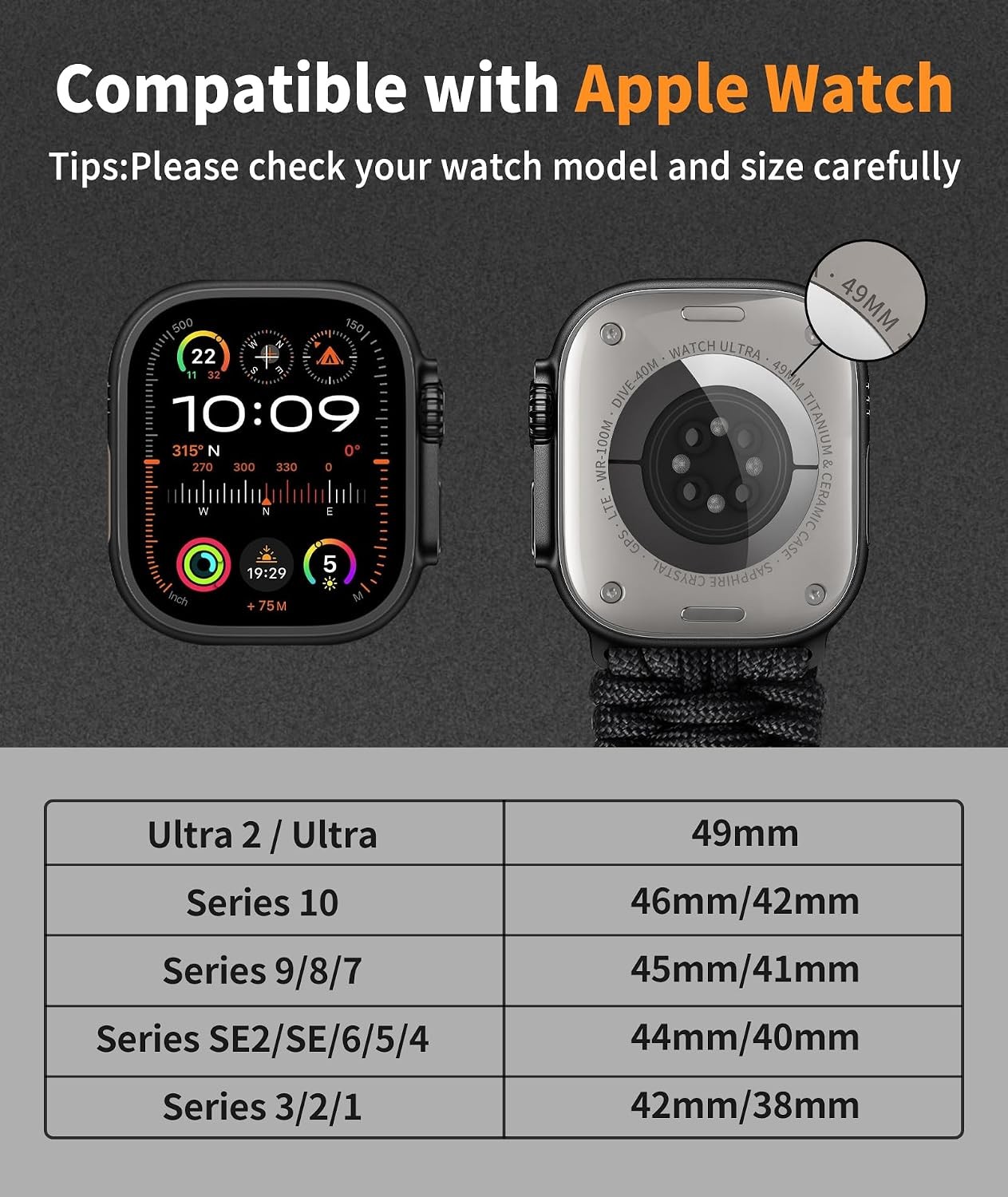 Gray-Black Braided Paracord Strap for Apple Watch Ultra 49mm 46mm 45mm 44mm 42mm