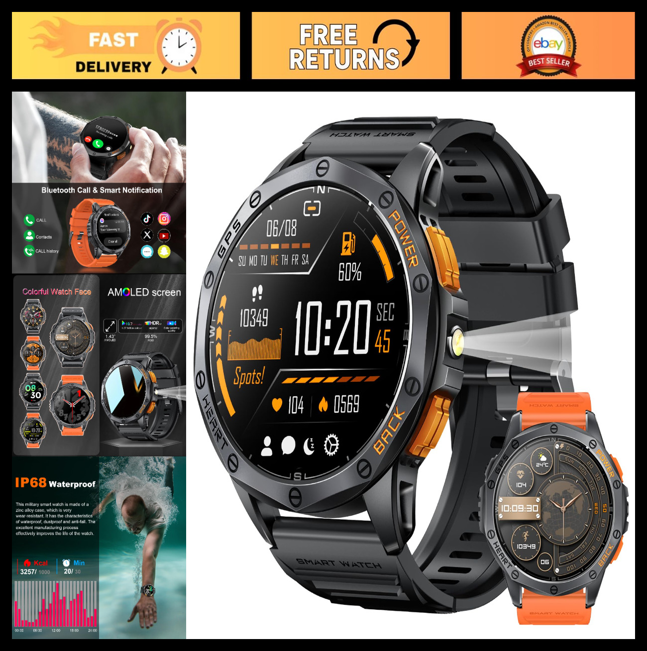 Military Smart Watch with GPS, 170+ Sport Modes, AMOLED Screen, Bluetooth Call,