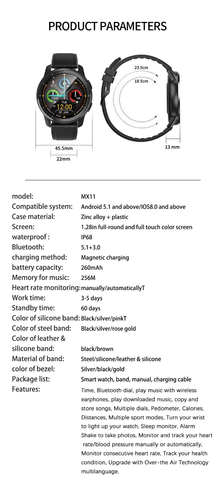 MX11BT Call HIFI Speaker Music Playback Couple Watch IP68 Waterproof smart watch
