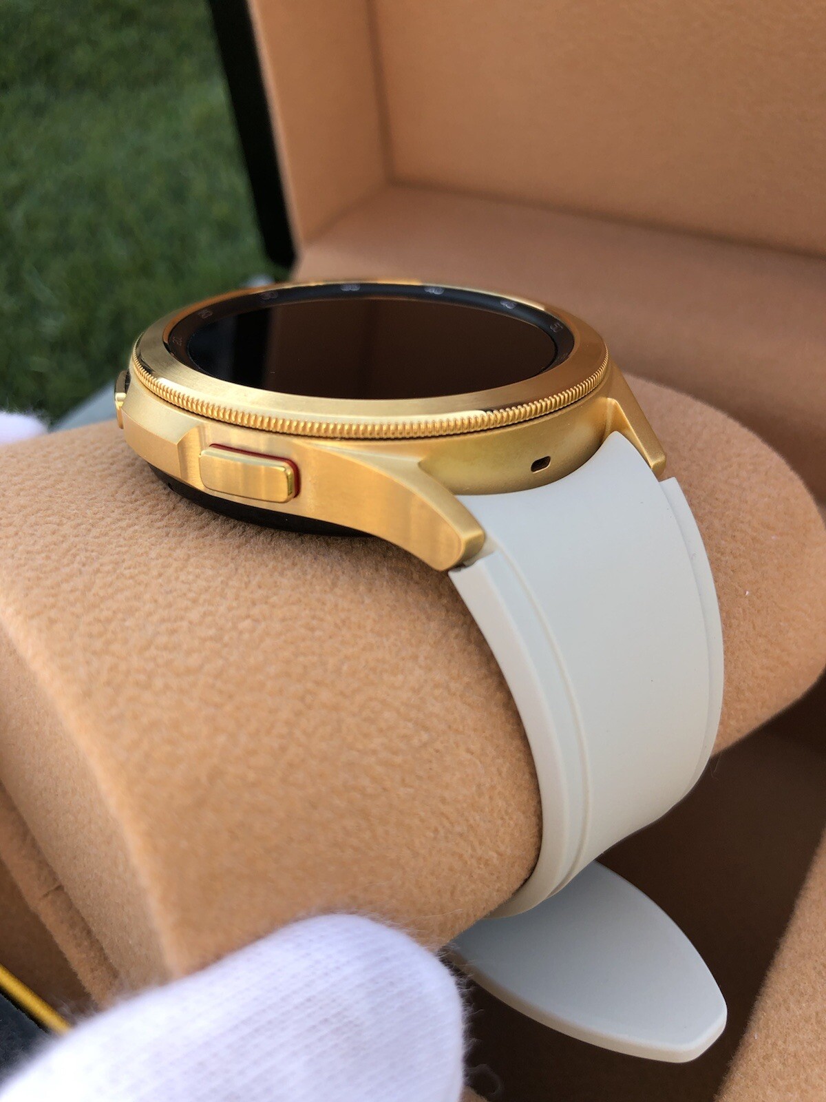 Custom 24k Gold 47mm Plated Samsung Galaxy Watch 6 Gold Bezel Gray Fabric Band
