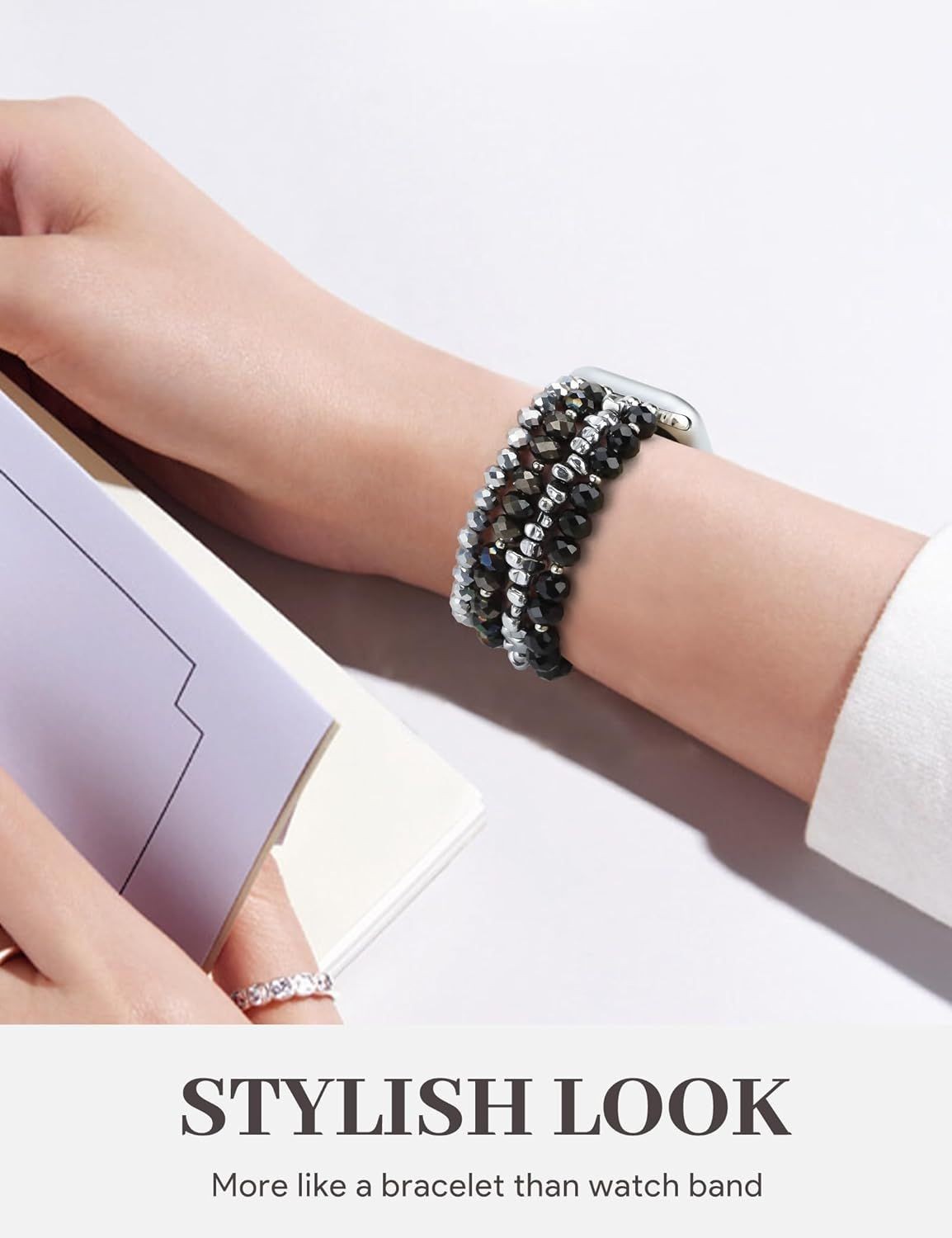 Handmade Beaded Bracelet Band for Apple Watch 38mm 40mm 41mm in Black Silver