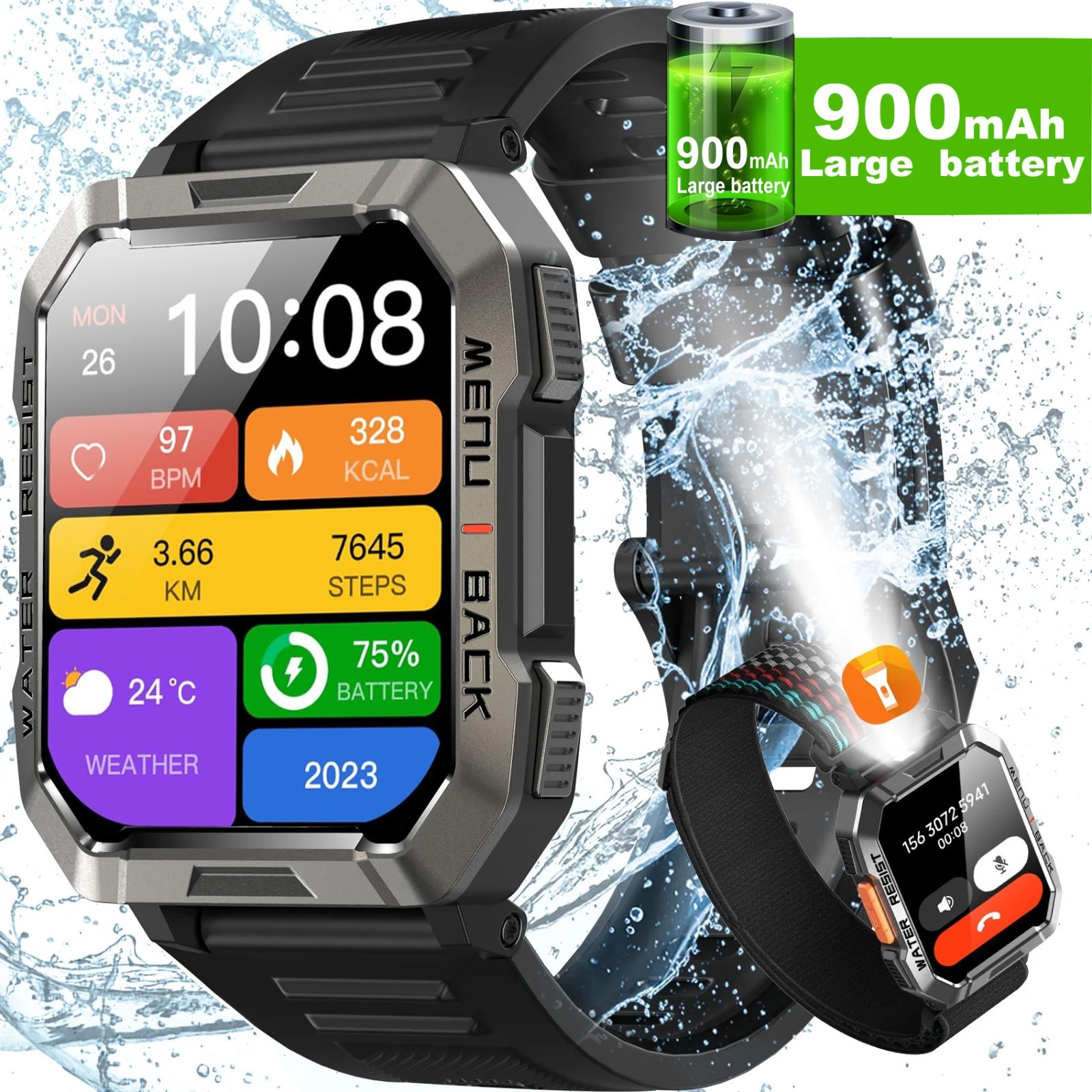 Military Tactical Compass Smart Watch For Men With LED Flashlight Blood Pressure
