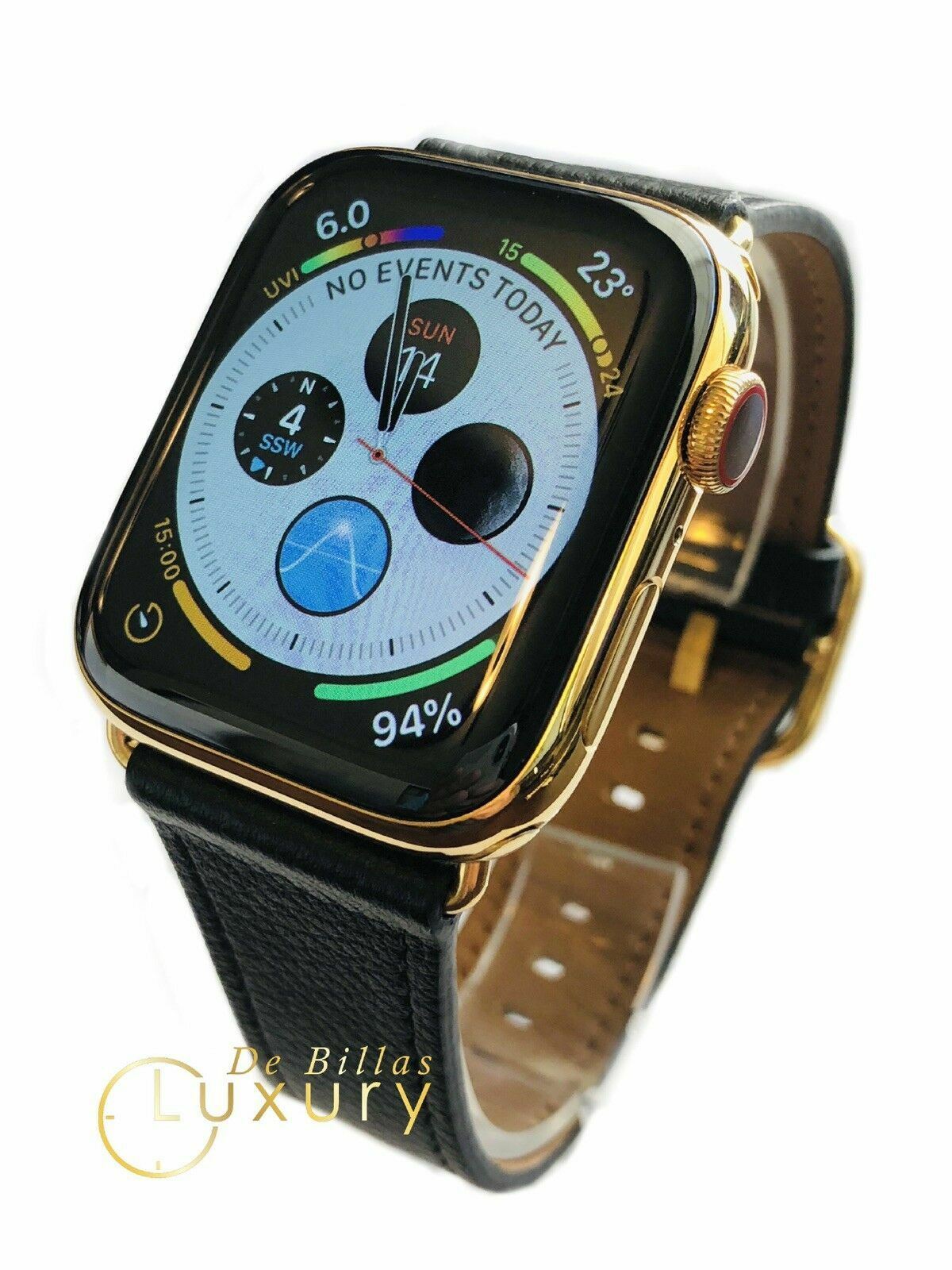 CUSTOM 24K Gold Plated 44MM Apple Watch SERIES 4 Stainless Black Leather GPS+LTE