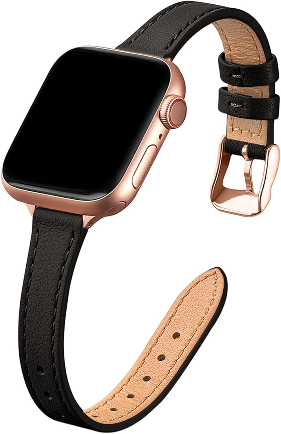 Slim Leather Wristband for Apple Watch 38mm 40mm 41mm Series 10 11, Black/Rose G