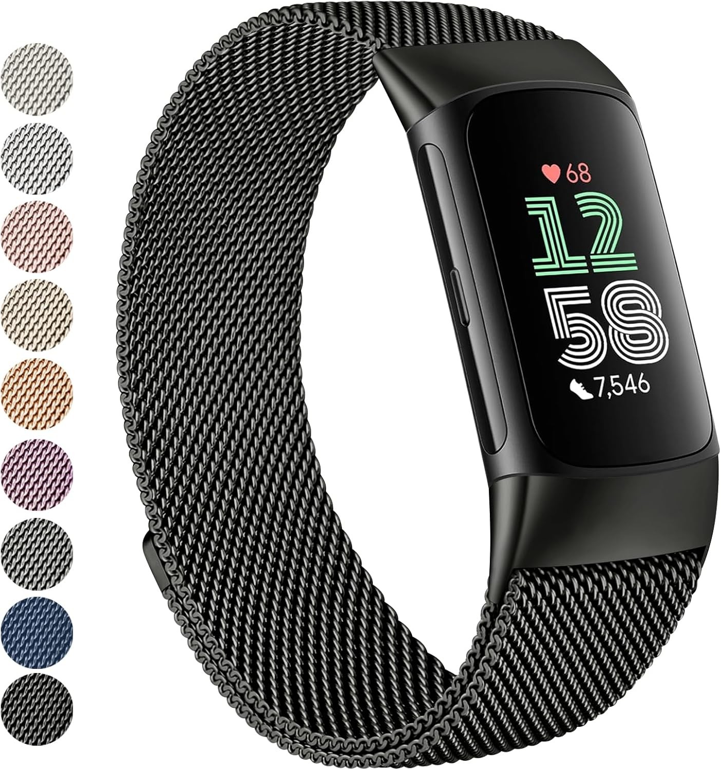 Adjustable Black Stainless Steel Mesh Band for Fitbit Charge 6 Fitness Tracker