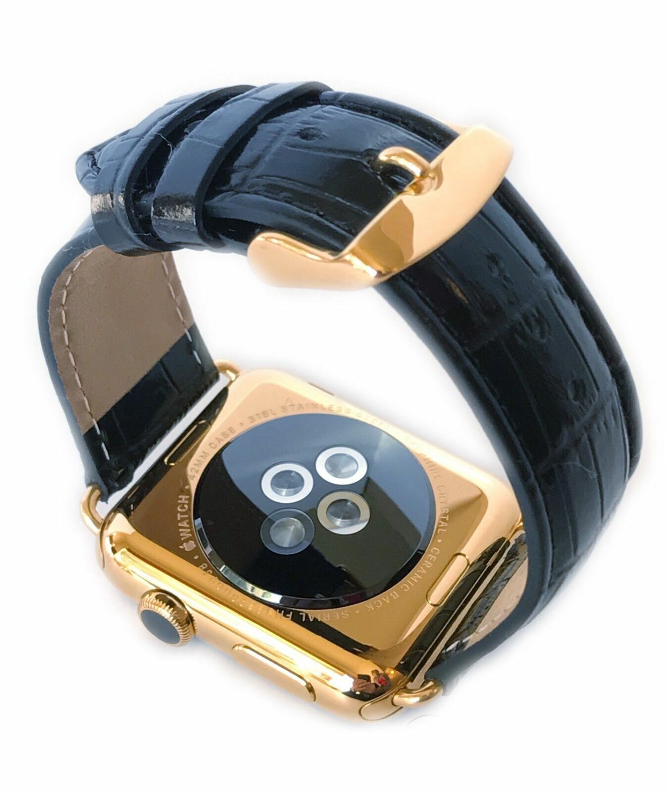 24K Gold 42MM Apple WATCH SERIES 3 Stainless Steel Black Leather Alligator Band