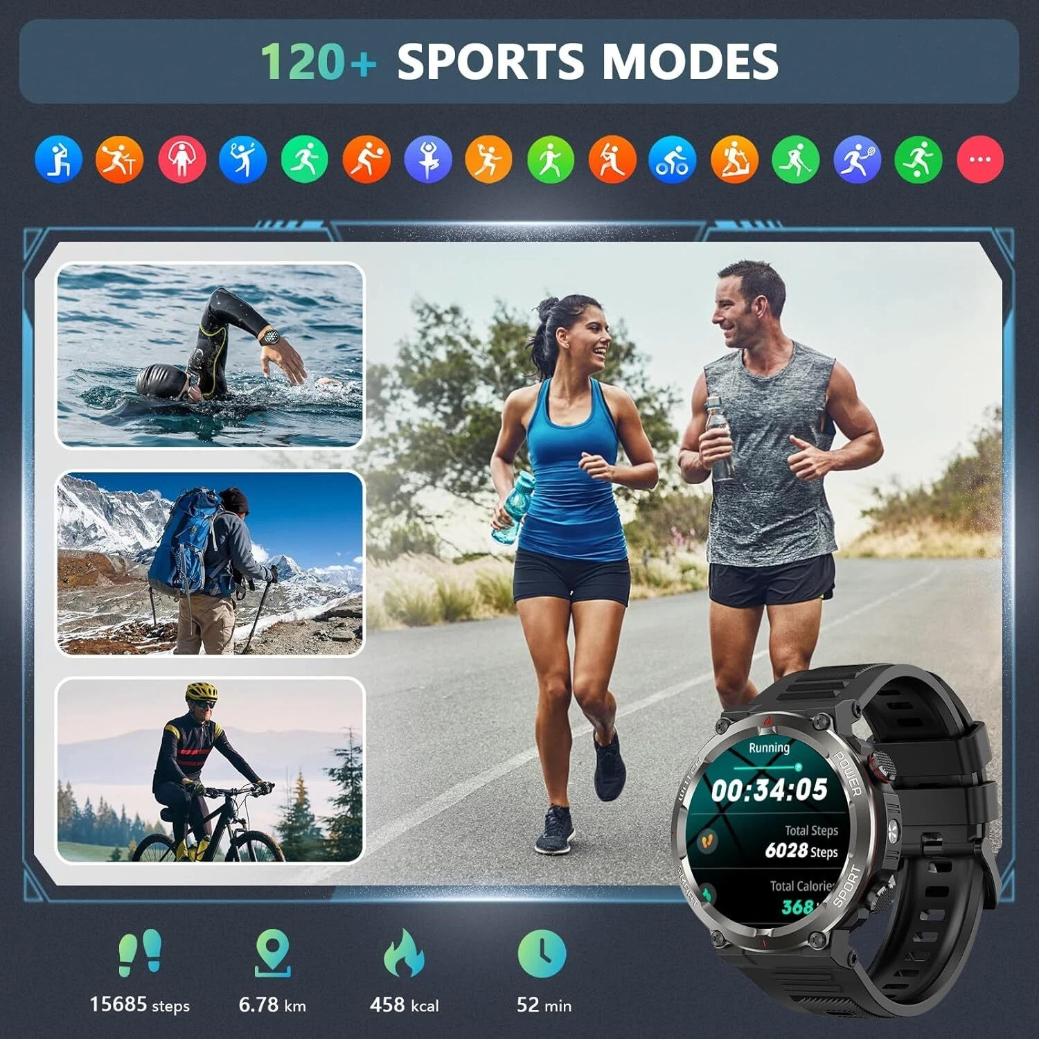 Smart Watch Military Tactical Men Sport Heart Rate Fitness Tracker Wristwatch US