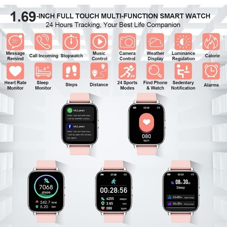 Smart Watch, 1.69″ LCD Touch,Heart Rate,Sleep Monitor,Step Counter,IP68 Waterpro