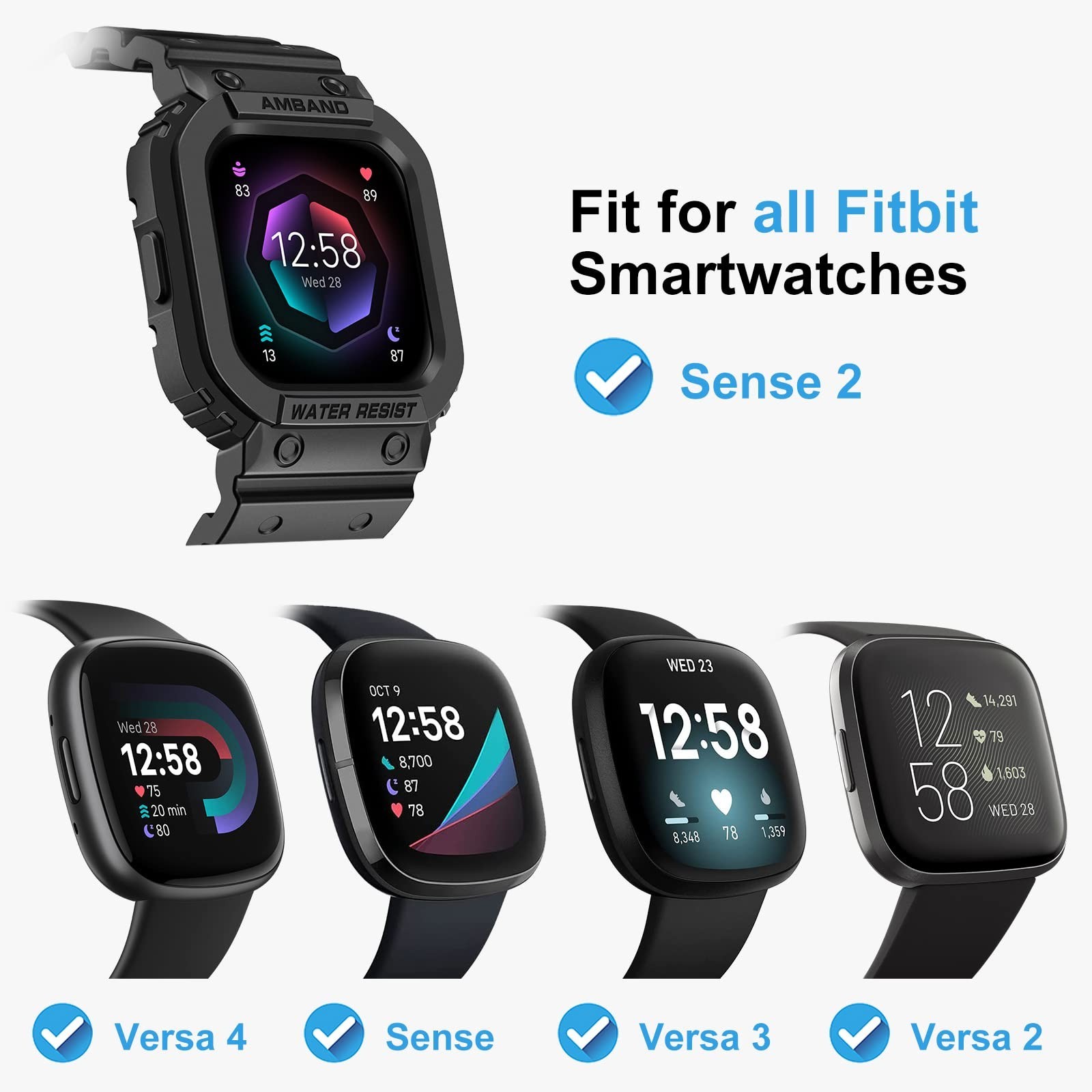 Rugged Sport Smartwatch Bands & Case for Fitbit Versa 4/3/2, Lite, Sense 2 – Bla
