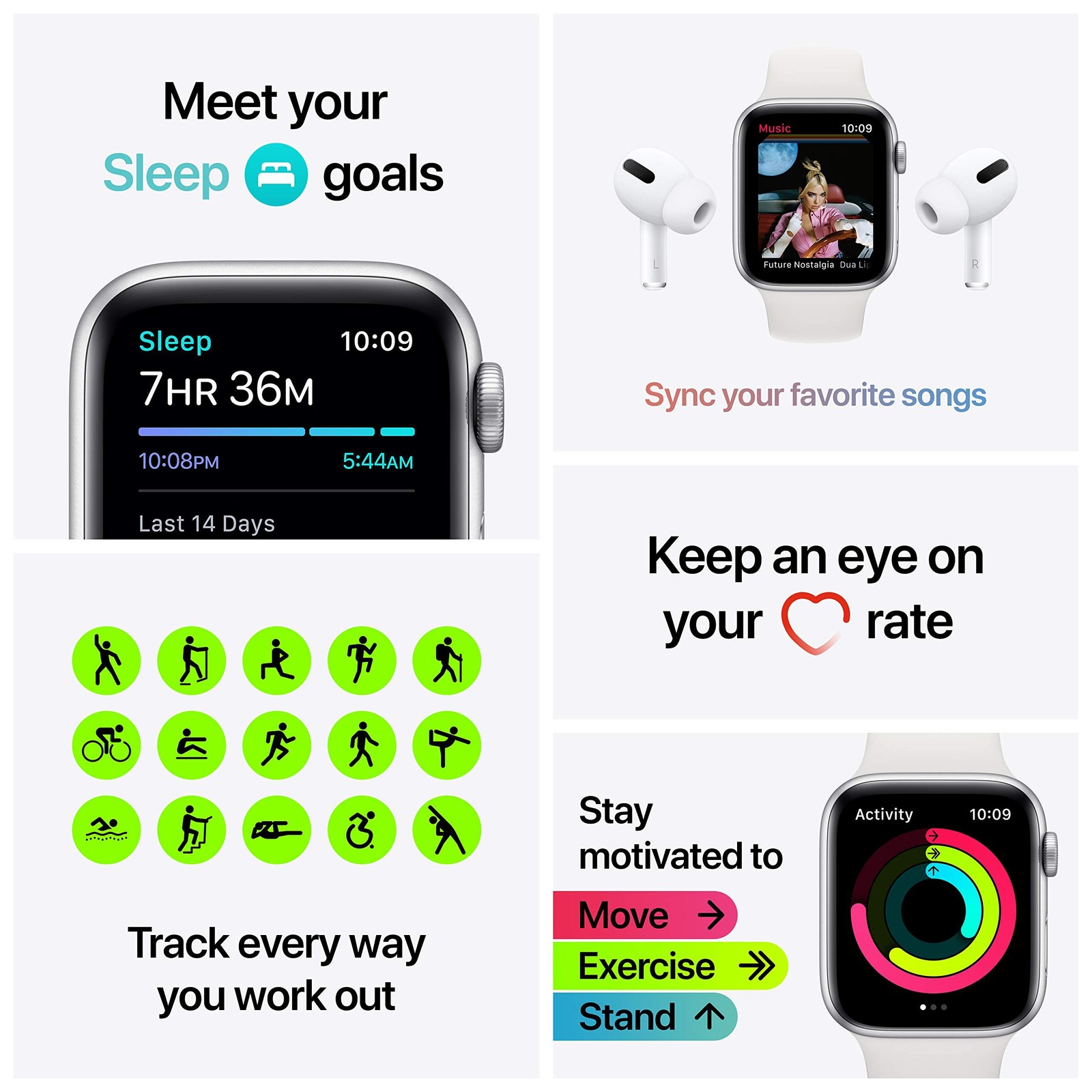 Apple Watch SE GPS 44mm Silver Aluminum Case with White Sport Band Silver