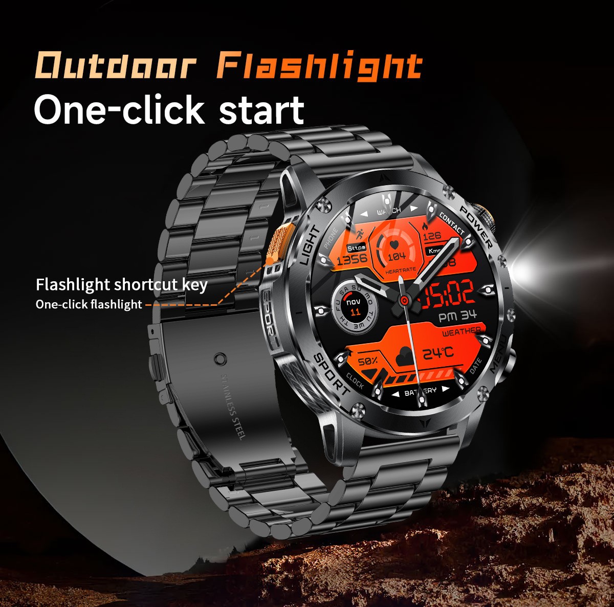 Tactical Smart Watch Men 1000mAh Battery LED Torch Blood Pressure Waterproof