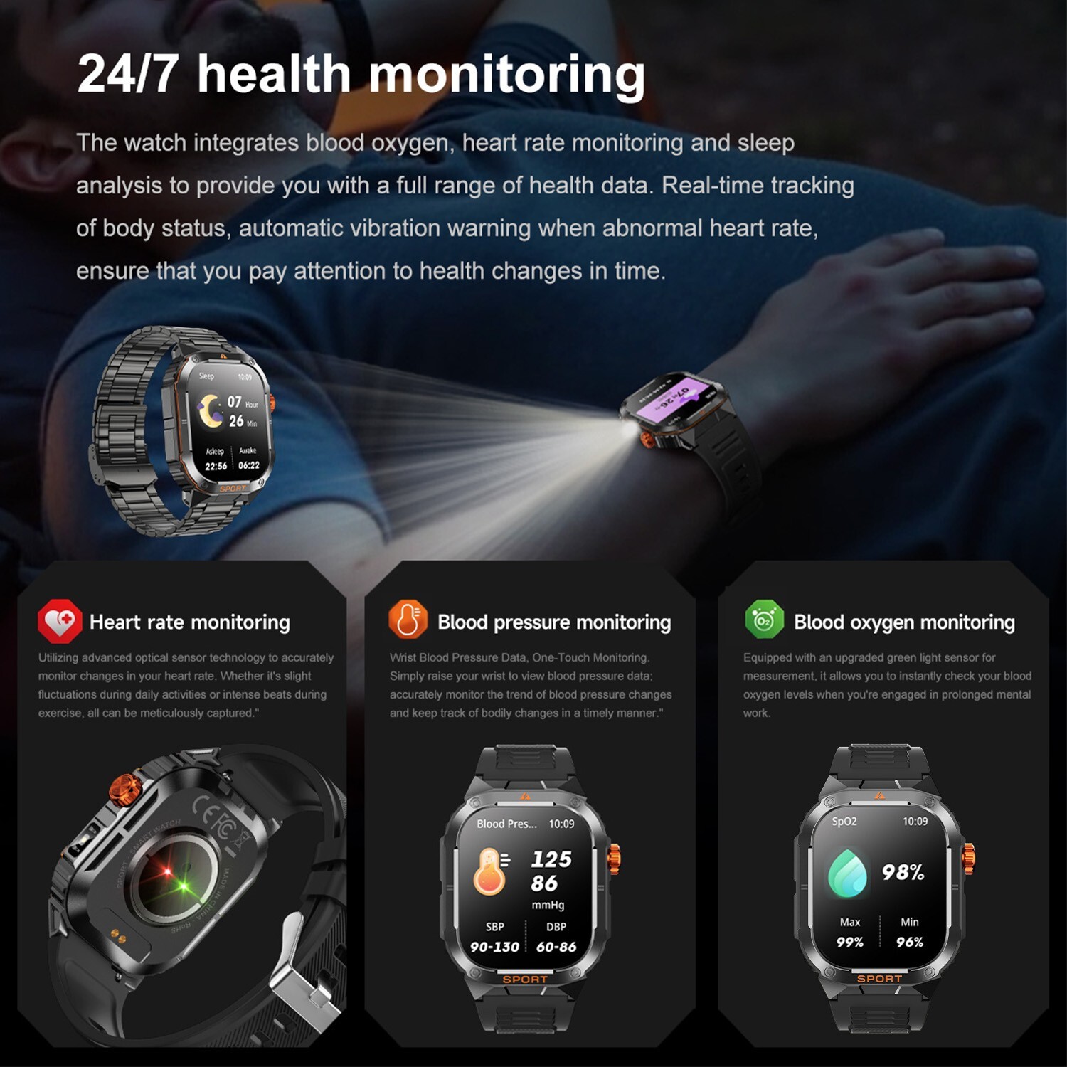 Smart Watch Bluetooth Heart Rate BP Sleep Monitor Waterproof Rugged Sport Watch