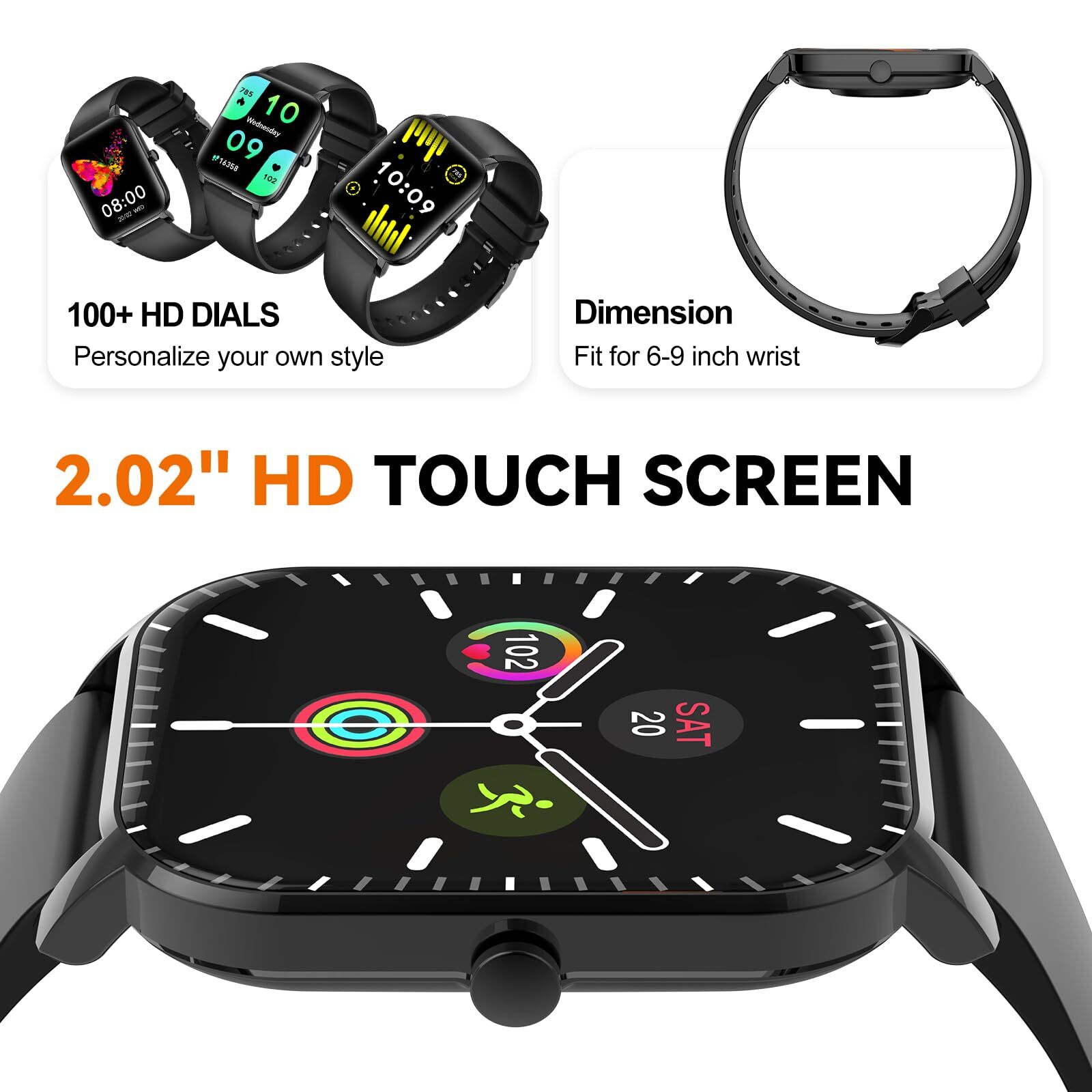 2.02” Smart Watch – HD Touchscreen – Fitness Tracker – 100+ Sport Modes – IP68
