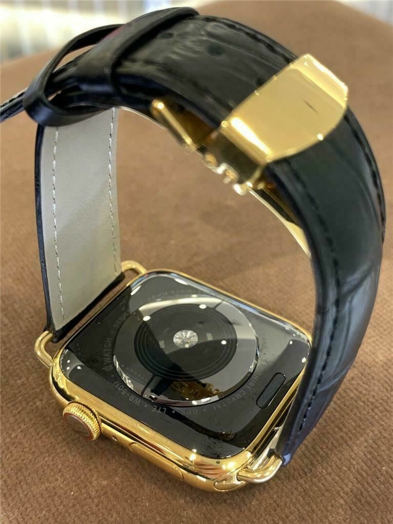 44mm Apple Watch Series 4 Stainless Steel Custom 24K Gold Plated Black Leather B