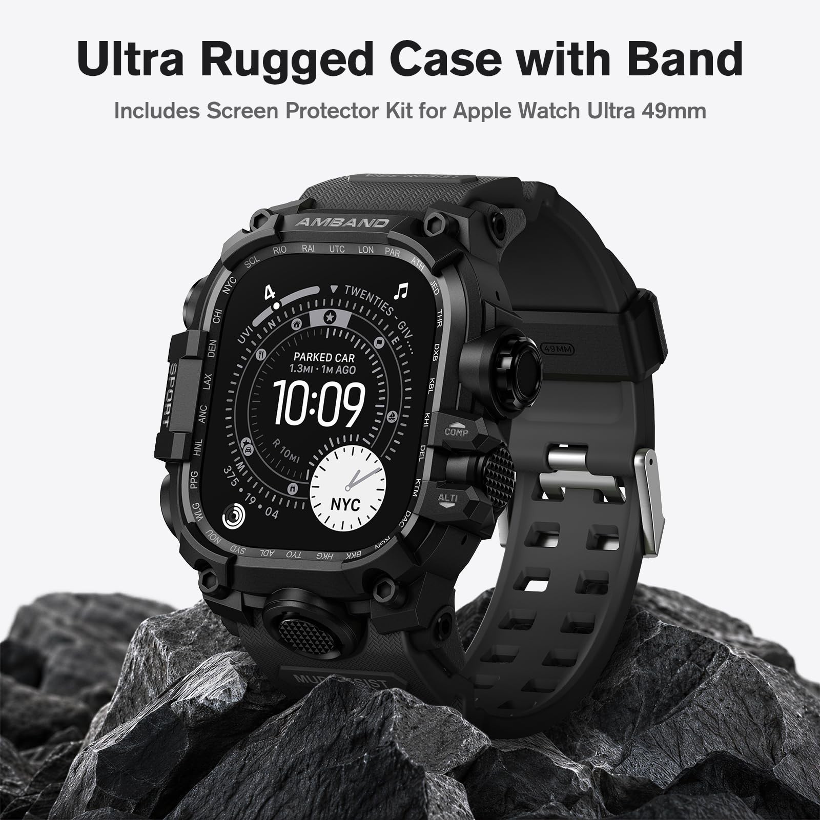 Rugged Protective Case & Band for Apple Watch Ultra 49mm, 9H Tempered Glass, Bla