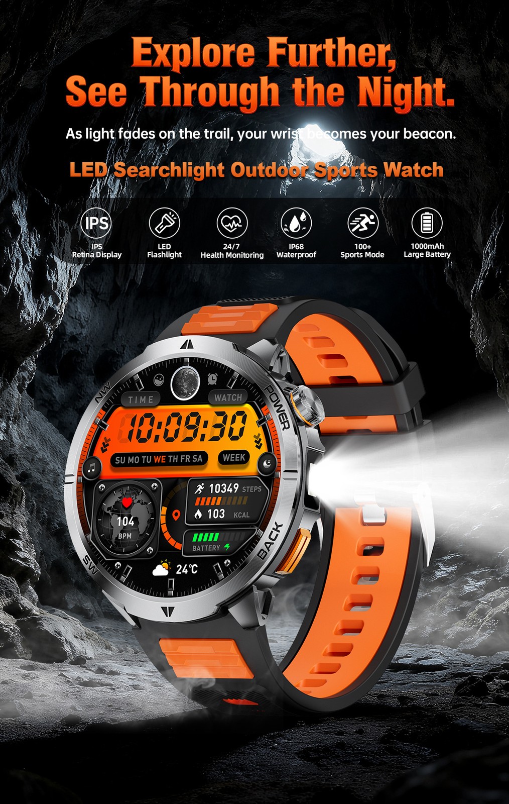 Military Smart Watch For Men Outdoor Flashlight Rugged Tactical Fitness Tracker