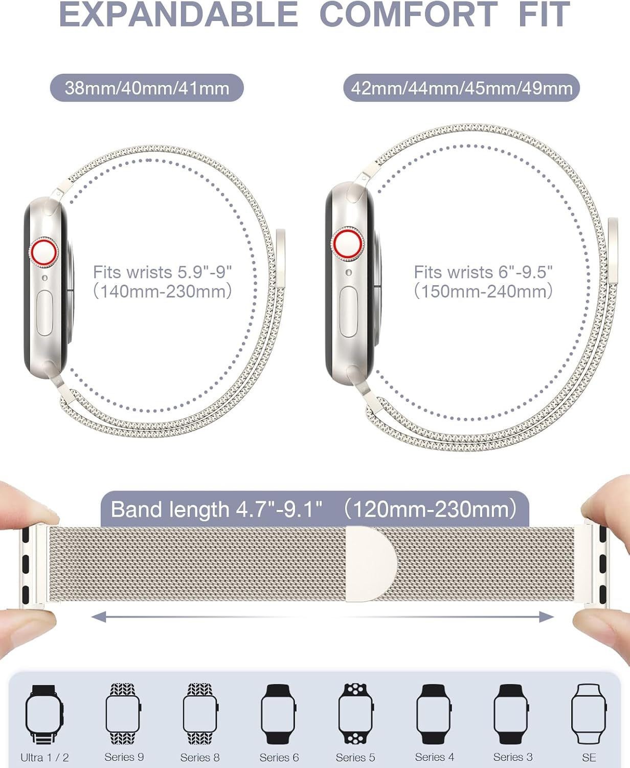 Stainless Steel Milanese Loop Strap Compatible with Apple Watch 41mm 40mm