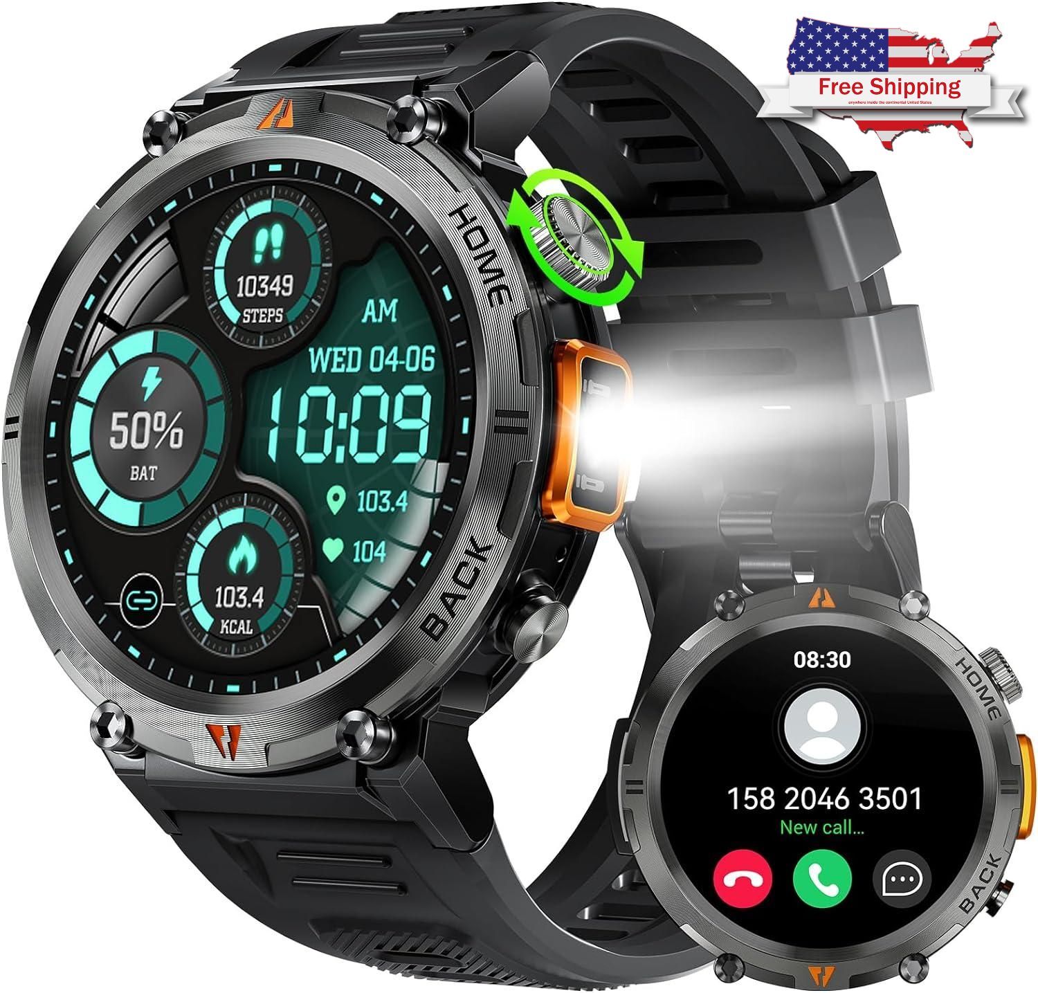 Smart Watch For Men Military Watch Touch With LED Flashlight, 1.45″ HD Outdoor
