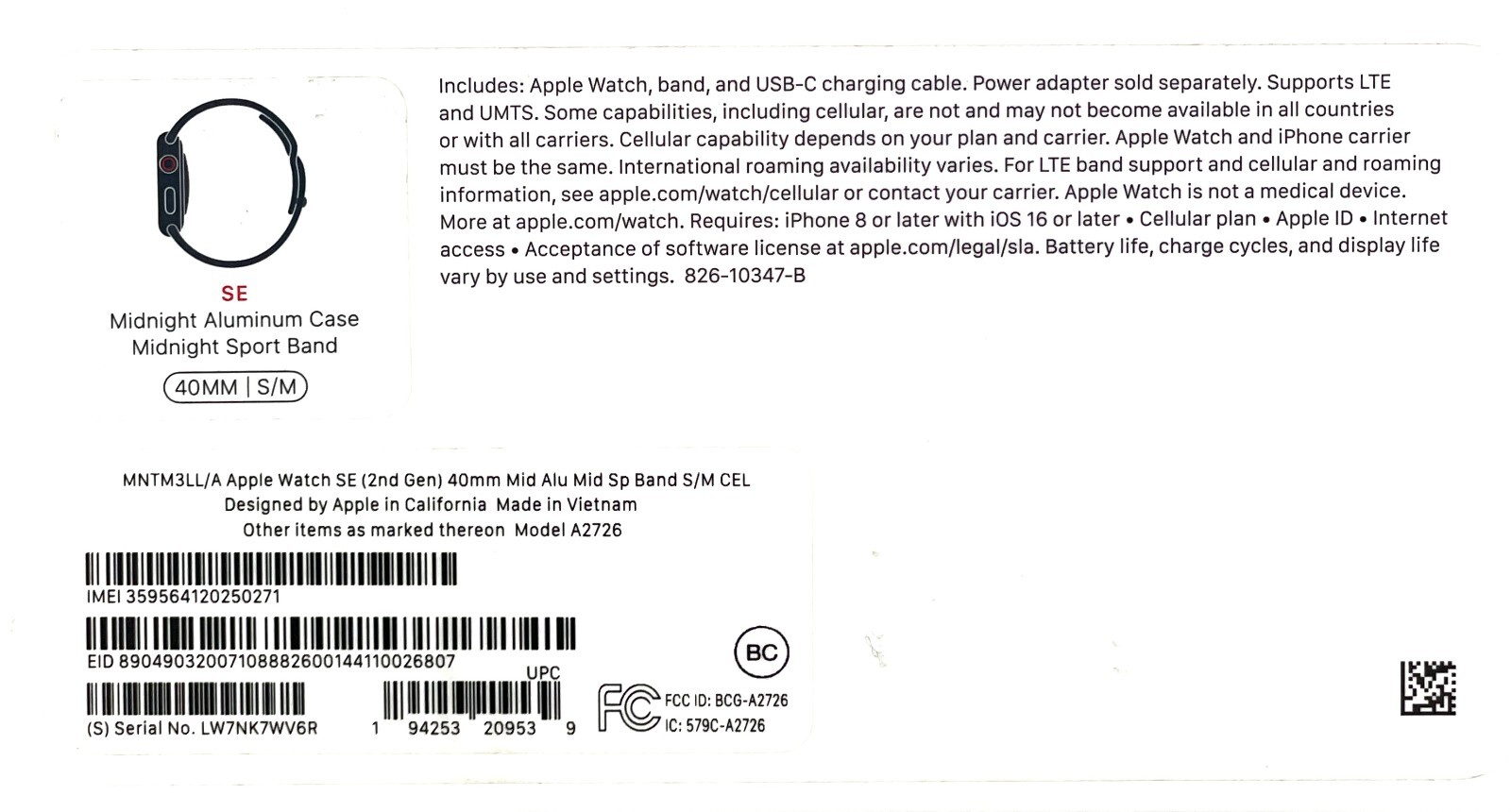 OEM Apple Watch Series SE 2nd Gen 40mm 44mm M/L S/M (GPS + Cellular) – Midnight