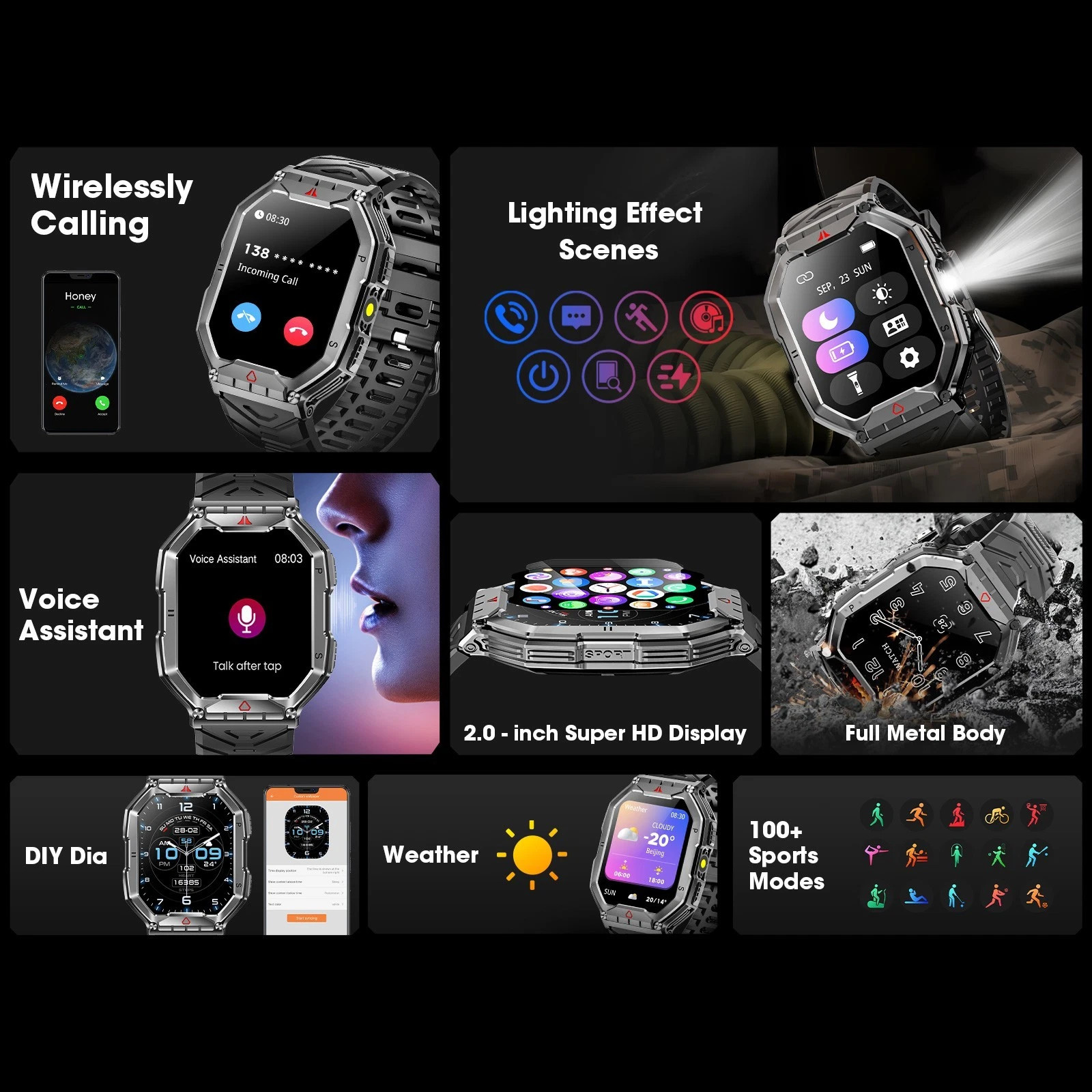 🔥2.1″ Smartwatch (Answer/Make Call) 3ATM Waterproof 650mAh Military Sport Watch