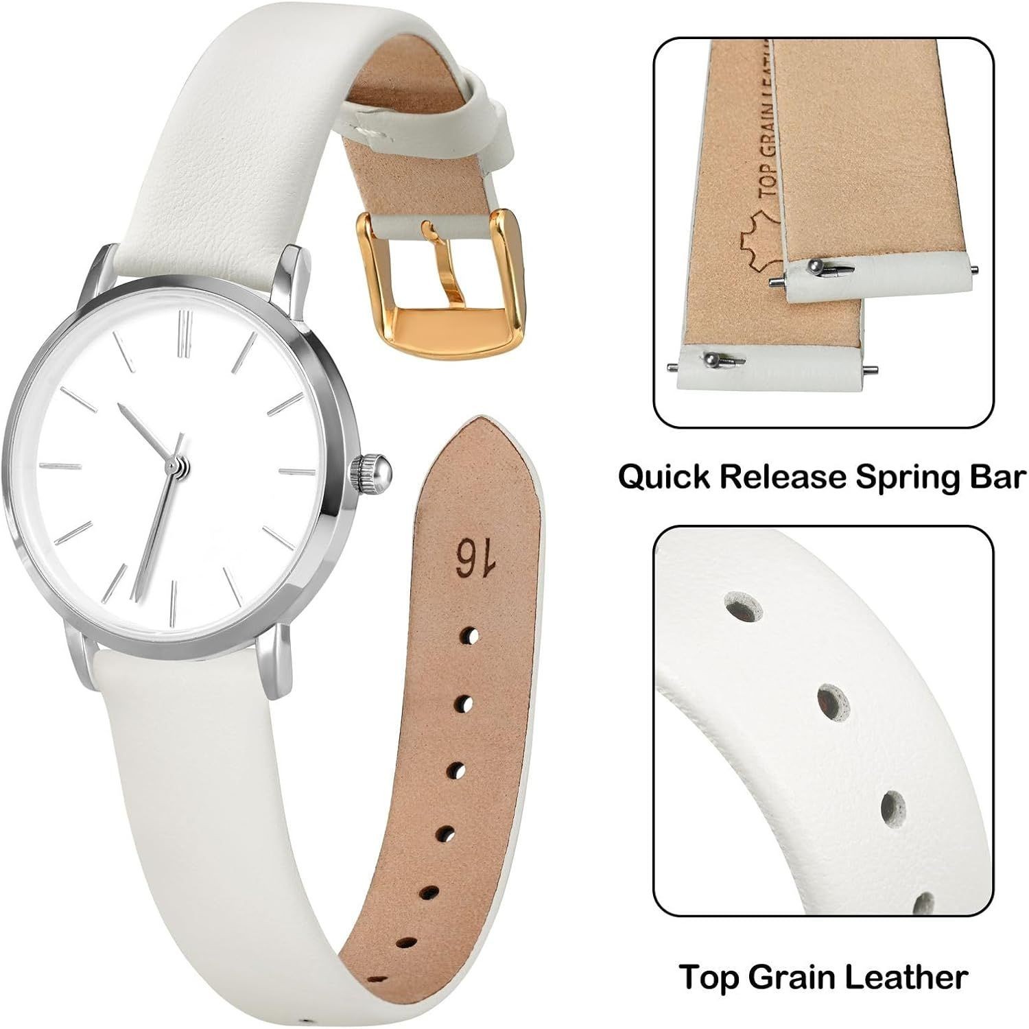 Quick Release Top Grain Leather Watch Band for 12mm-22mm Compatible Timepieces