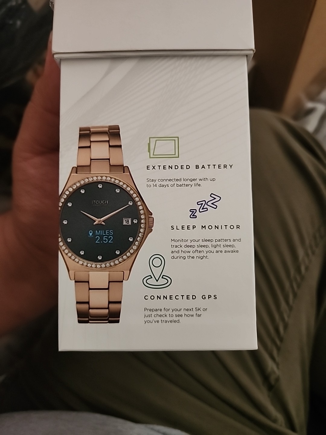 iTouch Connected Analog Hybrid Smartwatch Fitness Tracker: Black+Gold w/Crystals