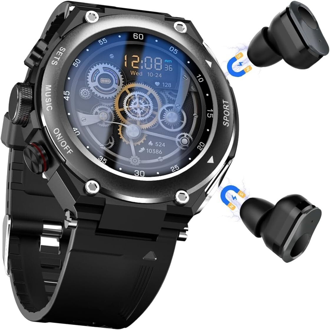 Smart Watch with Earbuds 3 in 1 Round Fitness Tracker 1.28inch for Men Sports