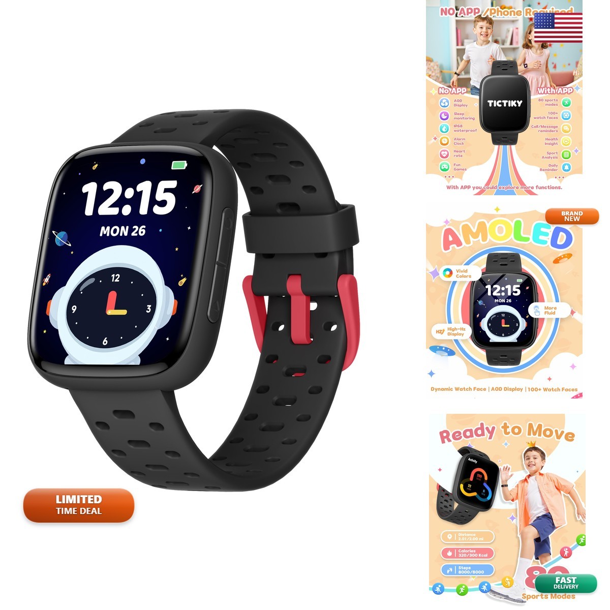 TIKTIKY BW03 Smart Watch Kids 1.83″ AMOLED Screen Pedometer Heart Rate Sleep